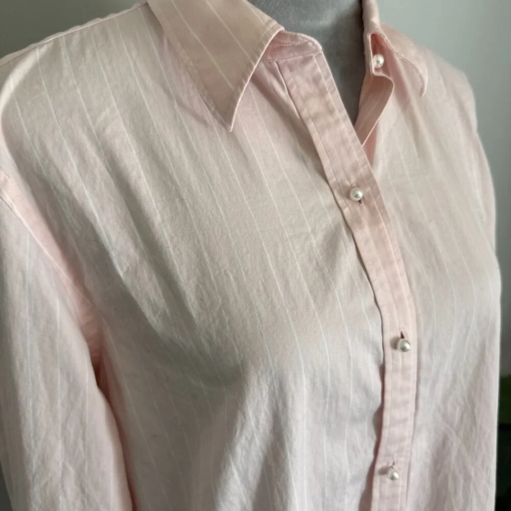 Lauren Ralph Lauren Women’s Pink Pin Stripe Pearl Button Down Collar Shirt Sz XL - Picture 2 of 12